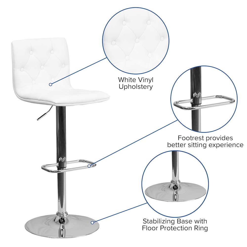 Button Tufted White Vinyl Adjustable Height Barstool with Chrome Base
