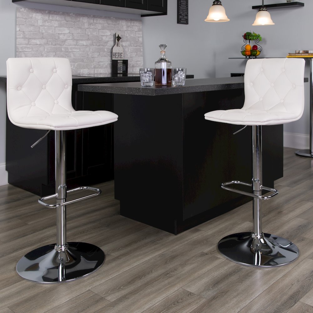 Button Tufted White Vinyl Adjustable Height Barstool with Chrome Base