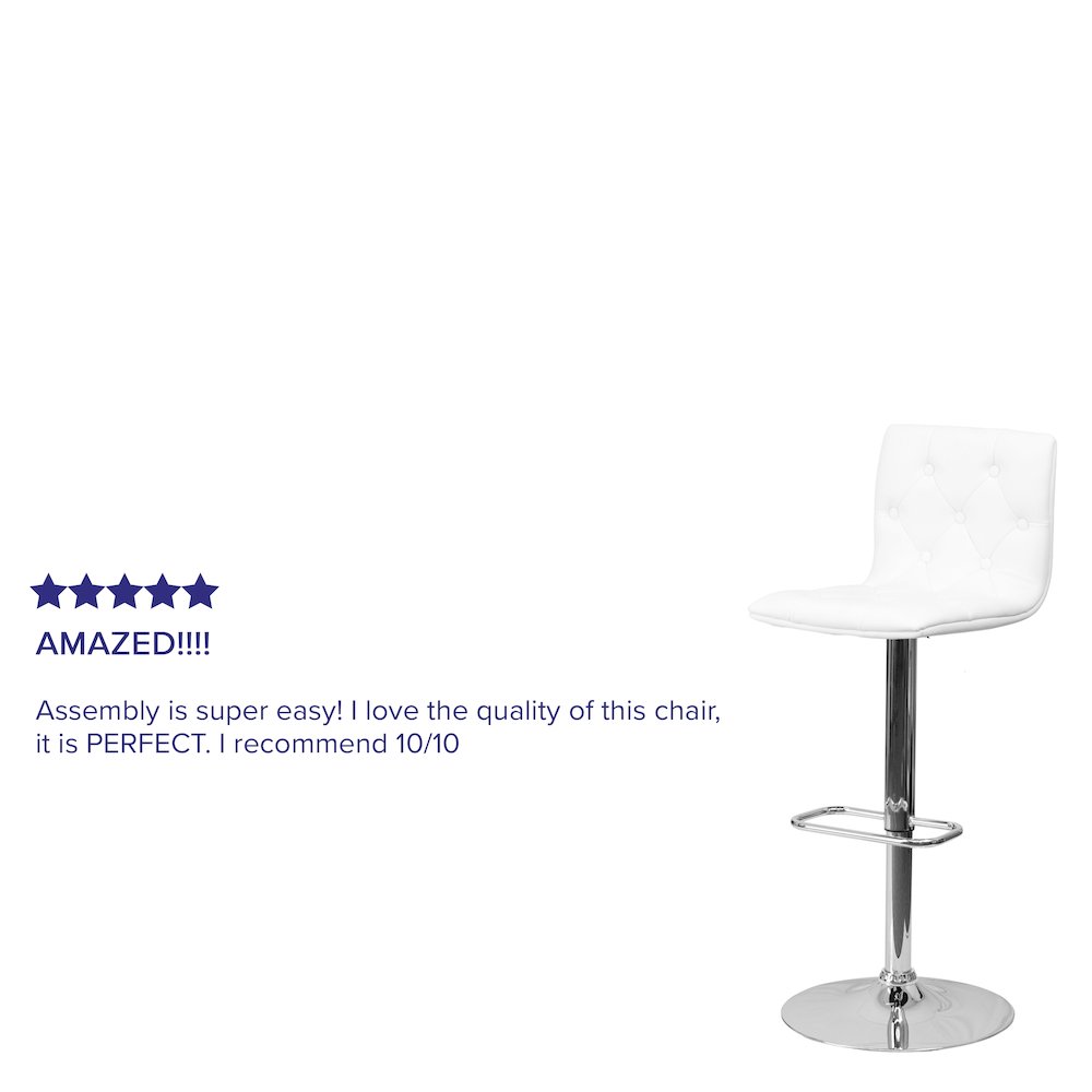 Button Tufted White Vinyl Adjustable Height Barstool with Chrome Base