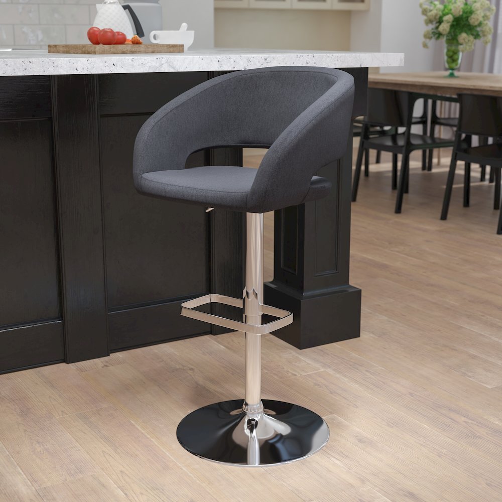 Charcoal Fabric Adjustable Height Barstool with Rounded Mid-Back and Chrome Base