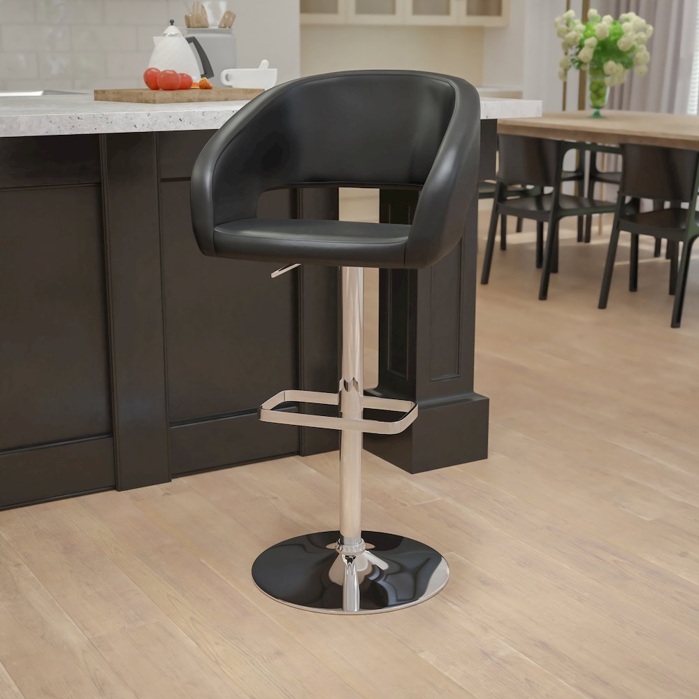 Black Vinyl Adjustable Height Barstool with Rounded Mid-Back and Chrome Base