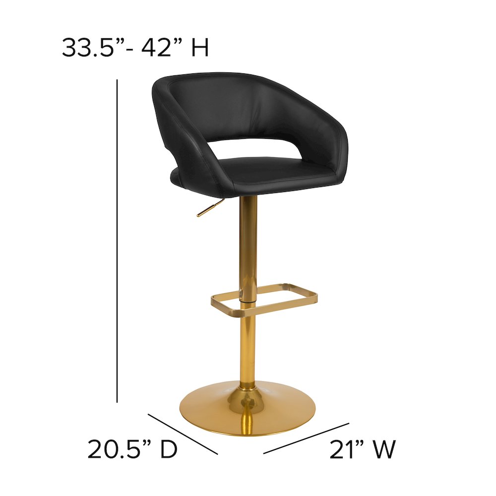 Black Vinyl Adjustable Height Barstool with Rounded Mid-Back and Gold Base