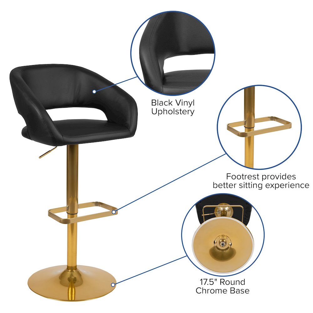 Black Vinyl Adjustable Height Barstool with Rounded Mid-Back and Gold Base