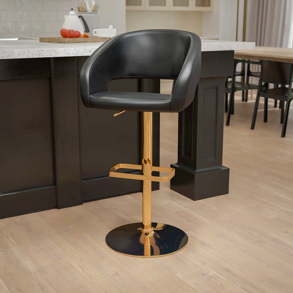 Black Vinyl Adjustable Height Barstool with Rounded Mid-Back and Gold Base
