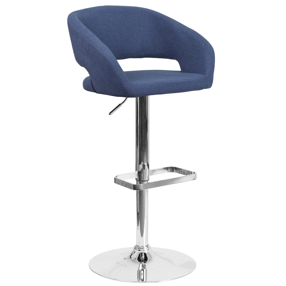 Blue Fabric Adjustable Height Barstool with Rounded Mid-Back and Chrome Base