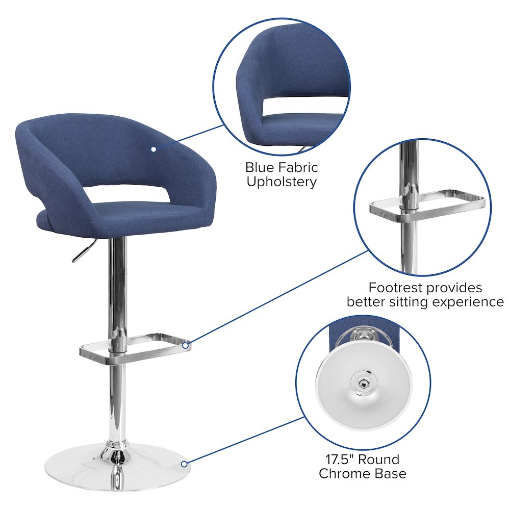 Blue Fabric Adjustable Height Barstool with Rounded Mid-Back and Chrome Base
