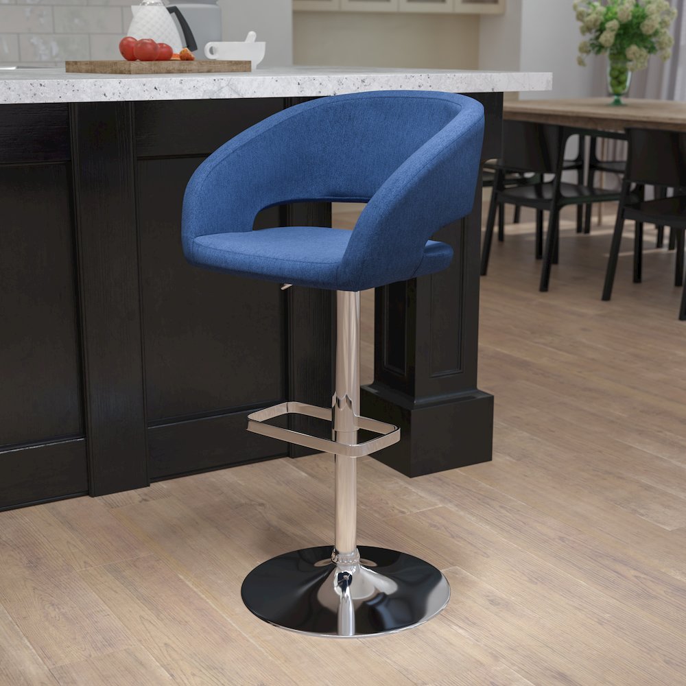 Blue Fabric Adjustable Height Barstool with Rounded Mid-Back and Chrome Base