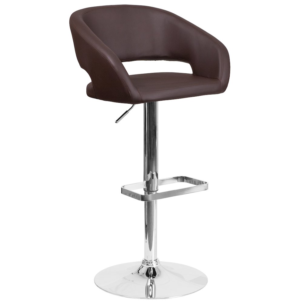 Brown Vinyl Adjustable Height Barstool with Rounded Mid-Back and Chrome Base