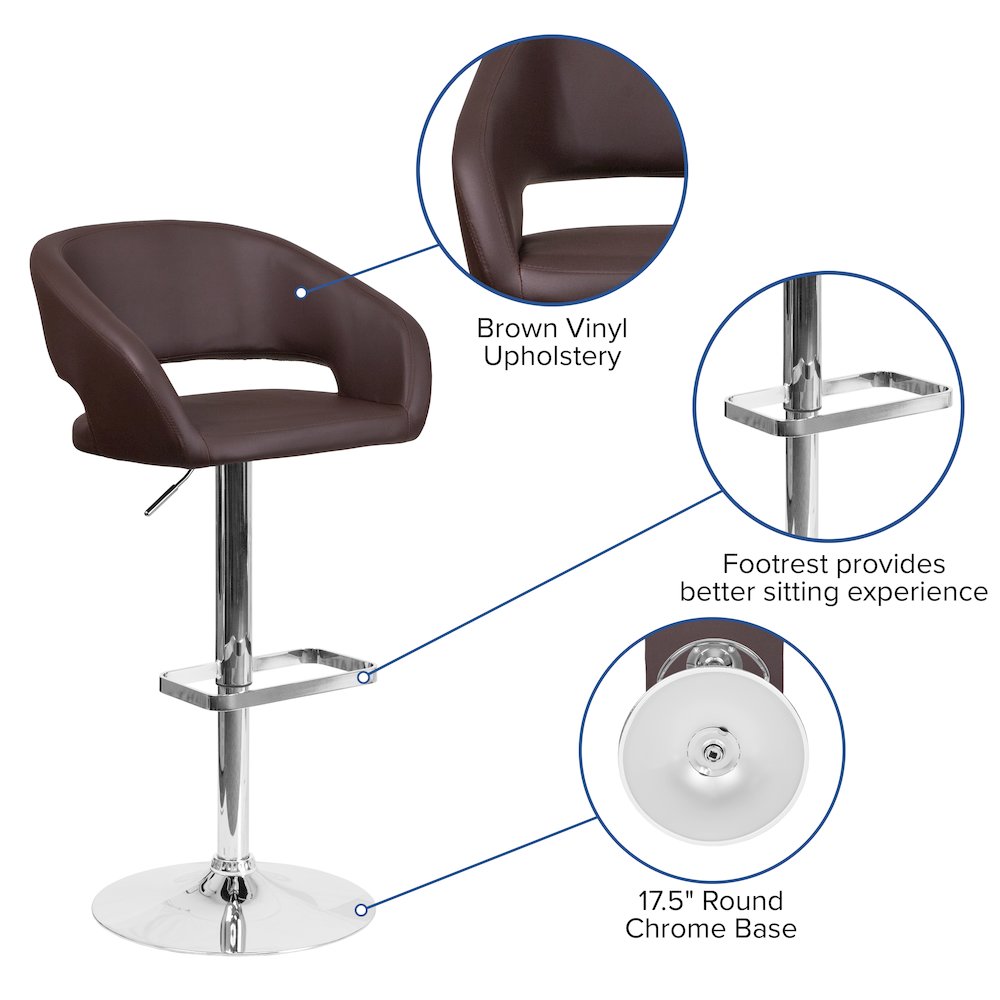 Brown Vinyl Adjustable Height Barstool with Rounded Mid-Back and Chrome Base