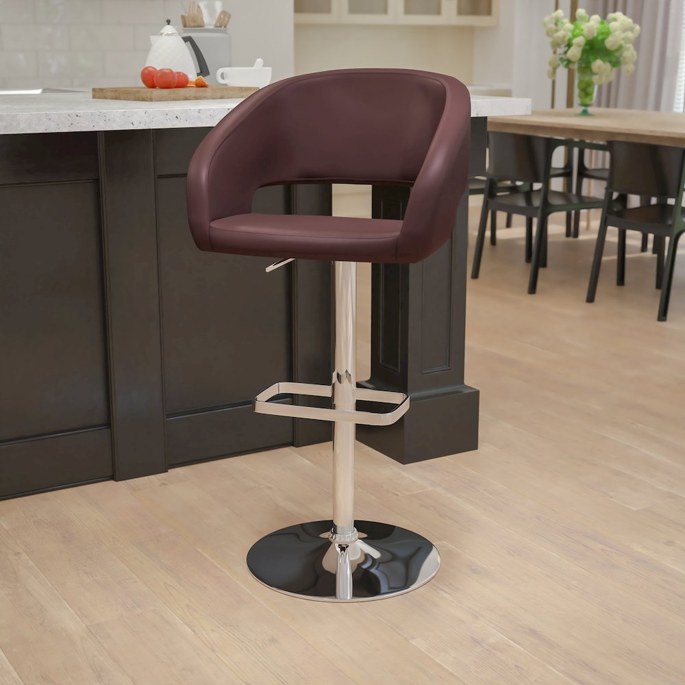 Brown Vinyl Adjustable Height Barstool with Rounded Mid-Back and Chrome Base