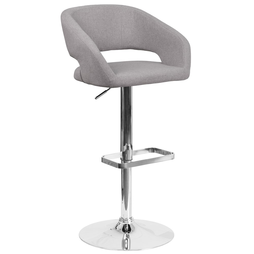 Gray Fabric Adjustable Height Barstool with Rounded Mid-Back and Chrome Base