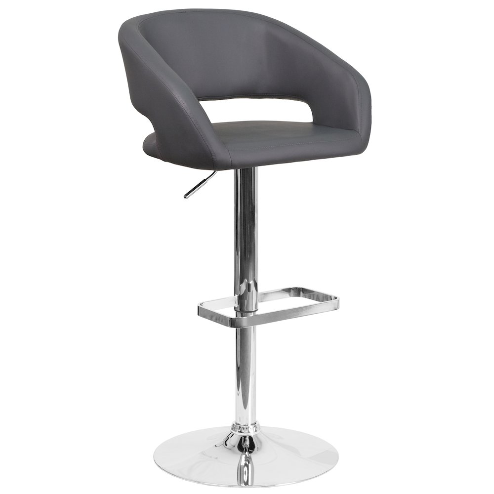 Gray Vinyl Adjustable Height Barstool with Rounded Mid-Back and Chrome Base