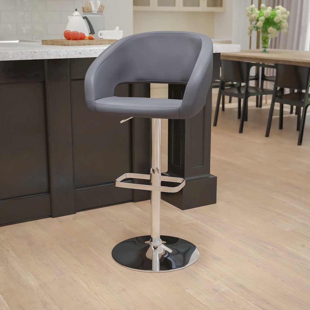 Gray Vinyl Adjustable Height Barstool with Rounded Mid-Back and Chrome Base