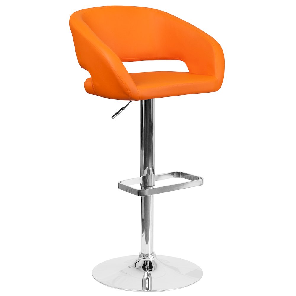 Orange Vinyl Adjustable Height Barstool with Rounded Mid-Back and Chrome Base