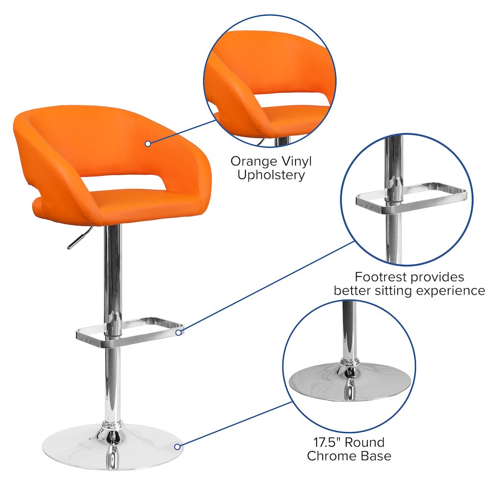 Orange Vinyl Adjustable Height Barstool with Rounded Mid-Back and Chrome Base