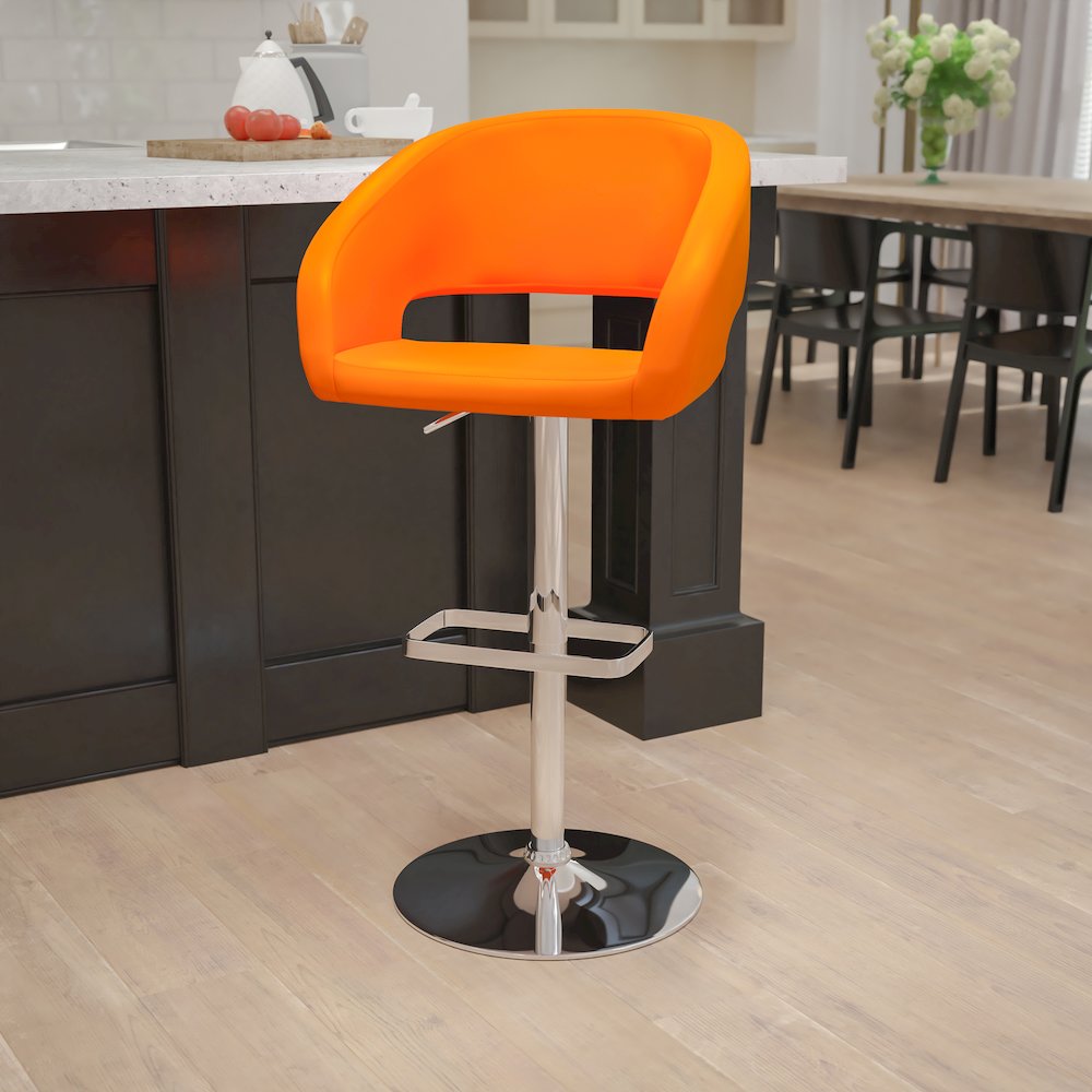 Orange Vinyl Adjustable Height Barstool with Rounded Mid-Back and Chrome Base