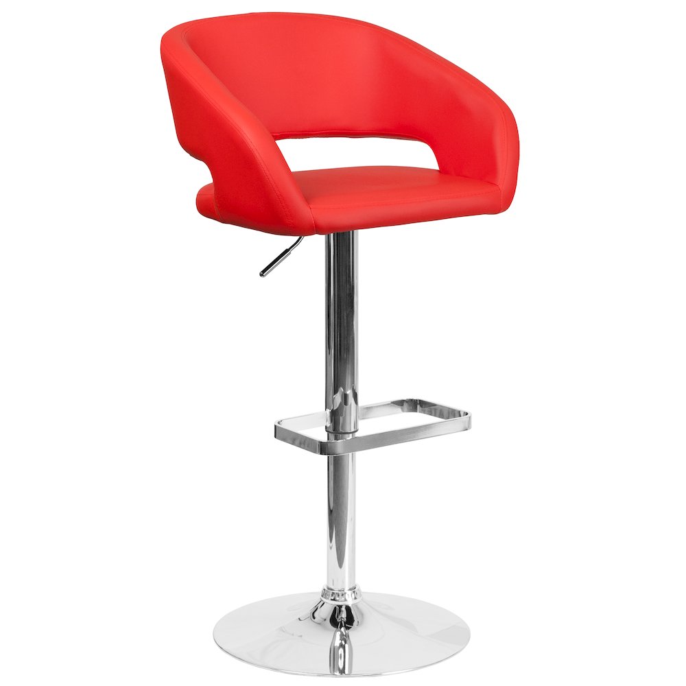 Red Vinyl Adjustable Height Barstool with Rounded Mid-Back and Chrome Base