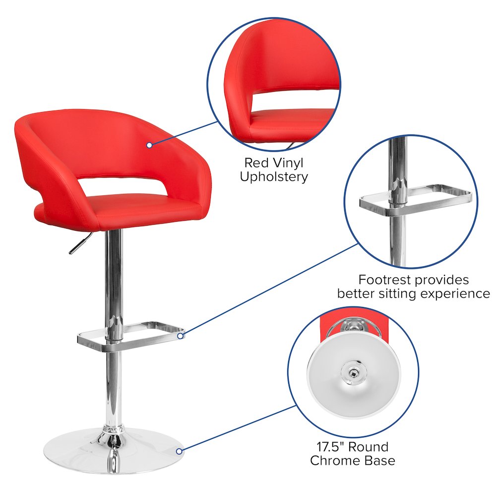 Red Vinyl Adjustable Height Barstool with Rounded Mid-Back and Chrome Base