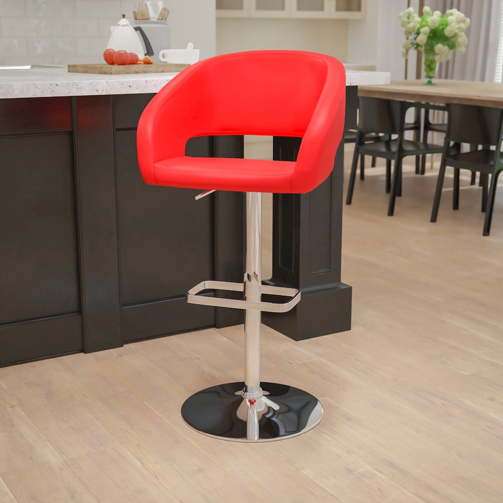 Red Vinyl Adjustable Height Barstool with Rounded Mid-Back and Chrome Base