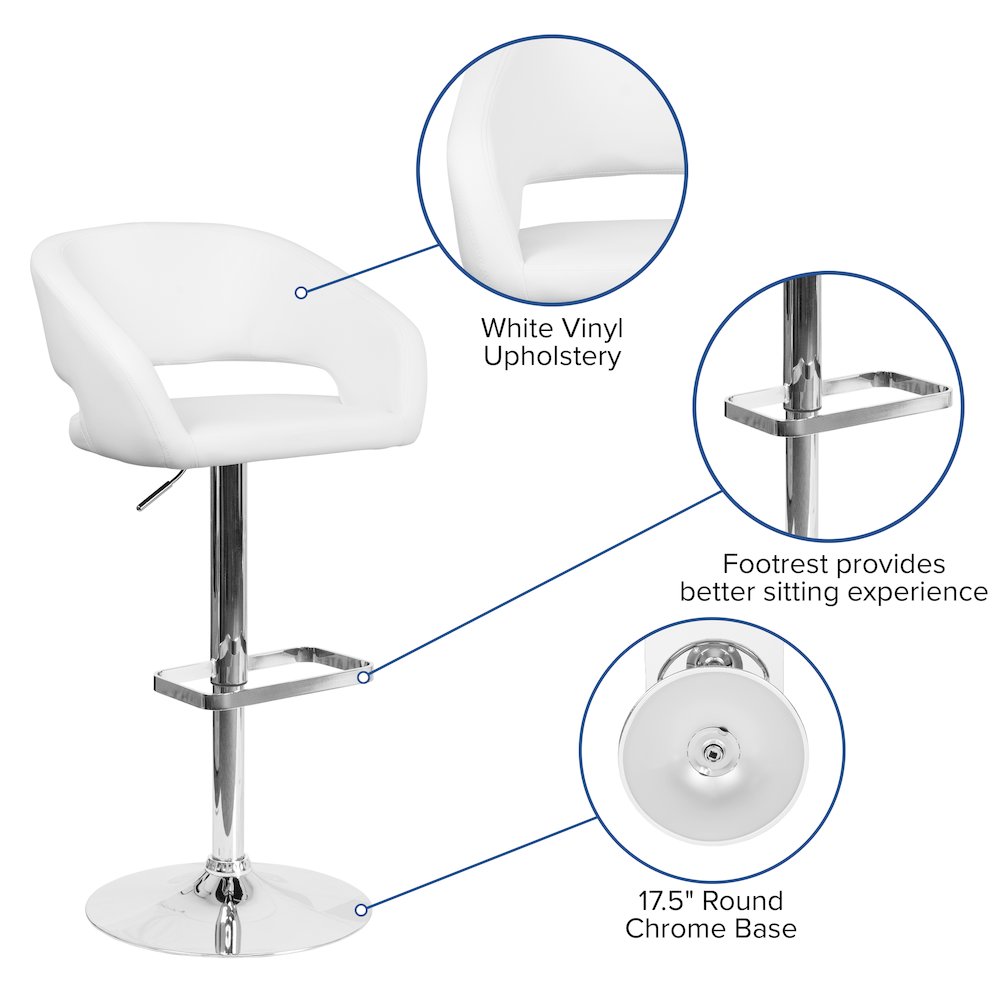 White Vinyl Adjustable Height Barstool with Rounded Mid-Back and Chrome Base
