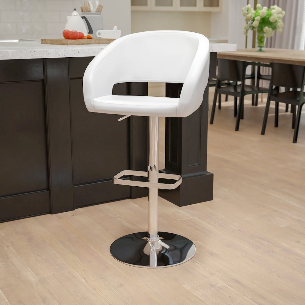 White Vinyl Adjustable Height Barstool with Rounded Mid-Back and Chrome Base