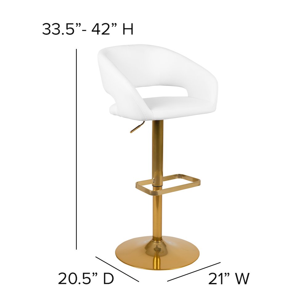 White Vinyl Adjustable Height Barstool with Rounded Mid-Back and Gold Base
