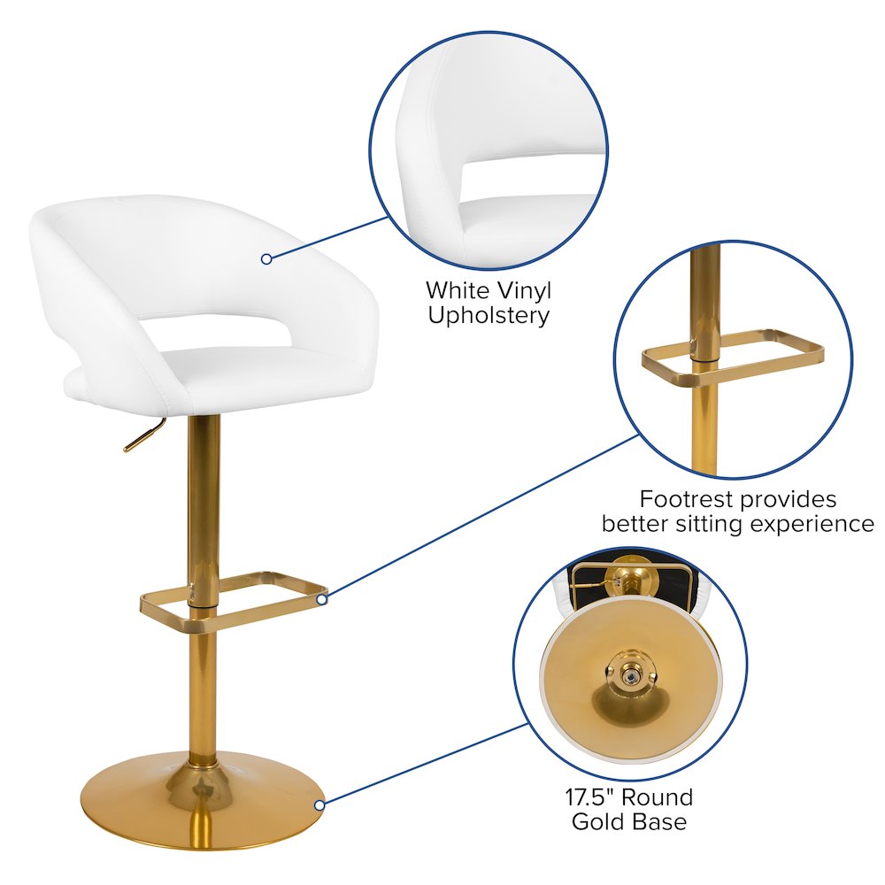 White Vinyl Adjustable Height Barstool with Rounded Mid-Back and Gold Base