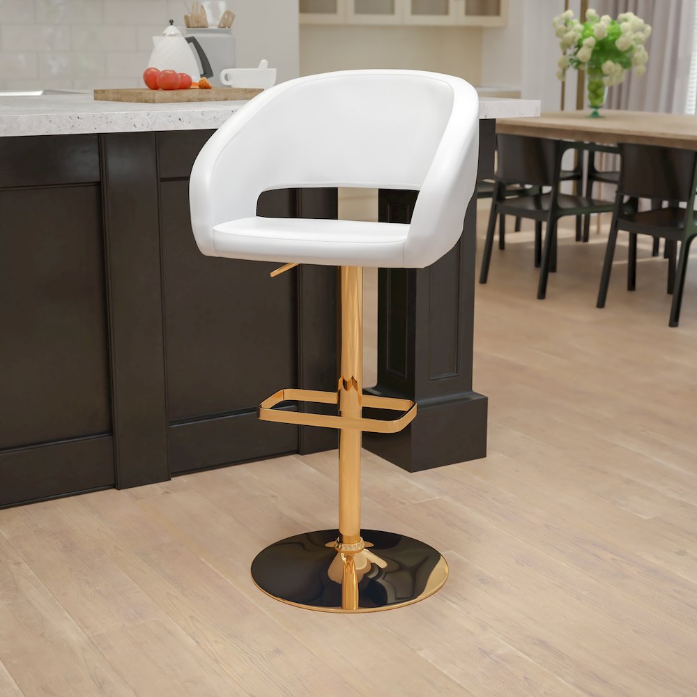 White Vinyl Adjustable Height Barstool with Rounded Mid-Back and Gold Base