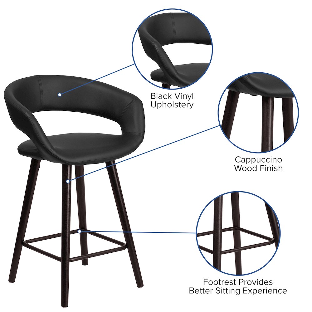23.75” High Contemporary Cappuccino Wood Counter Height Stool in Black Vinyl