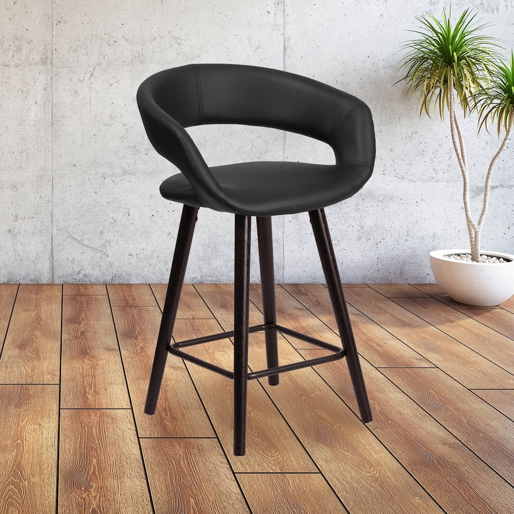 23.75” High Contemporary Cappuccino Wood Counter Height Stool in Black Vinyl