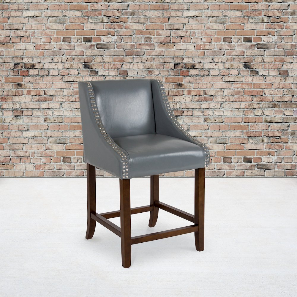 24″ High Walnut Counter Height Stool with Nail Trim in Light Gray LeatherSoft