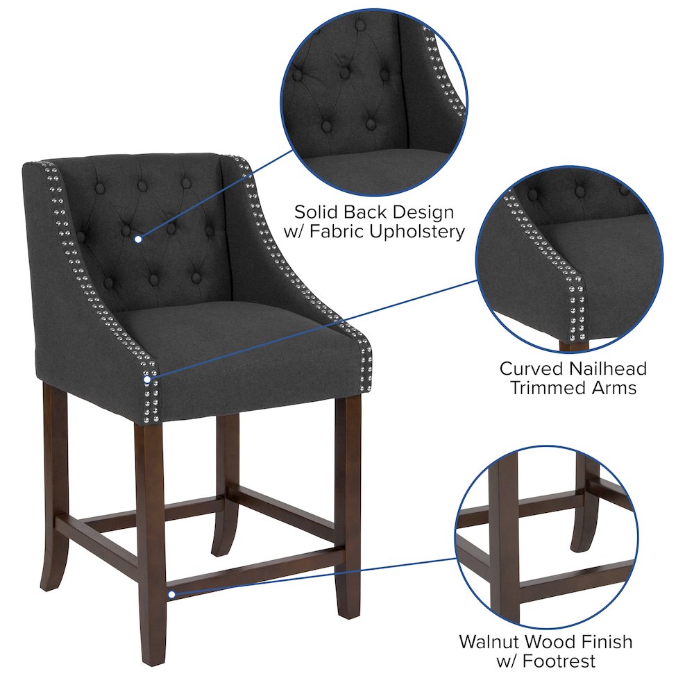 24″ High Tufted Walnut Counter Height Stool in Charcoal Fabric