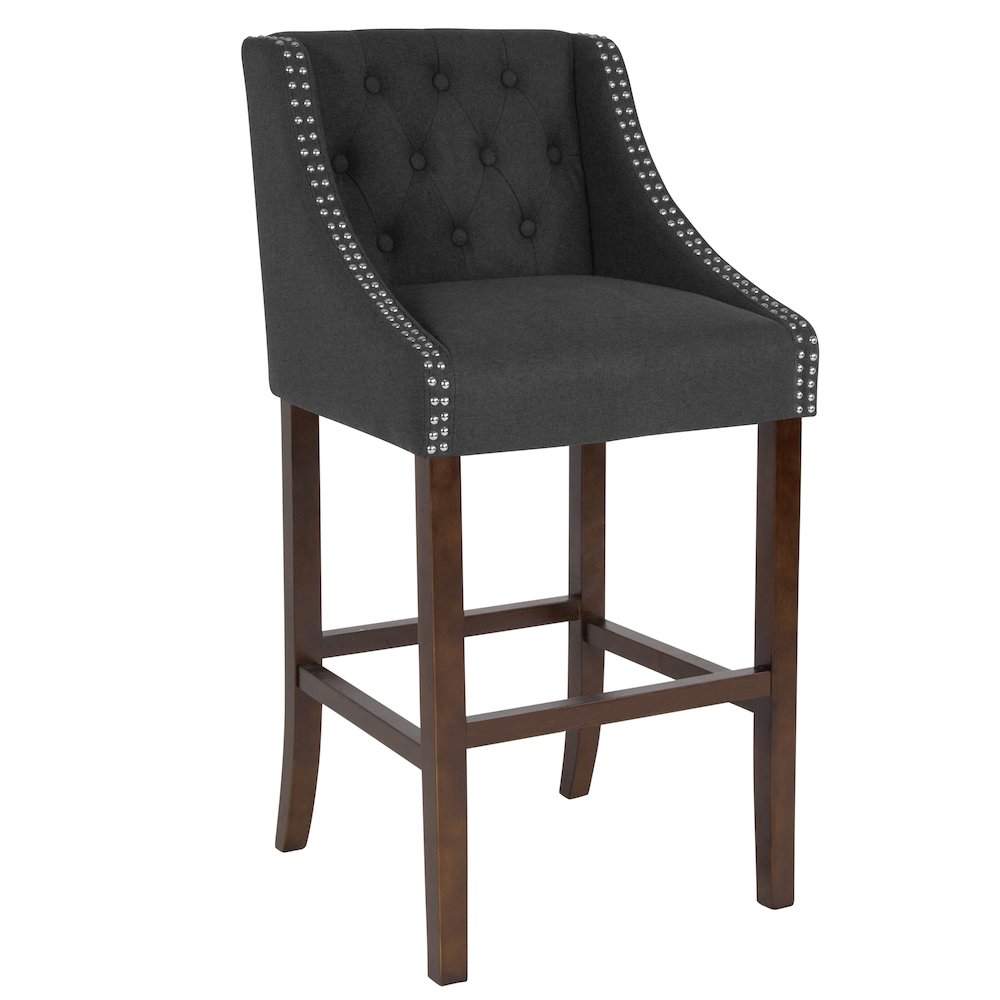 30″ High Tufted Walnut Barstool with Accent Nail Trim in Charcoal Fabric