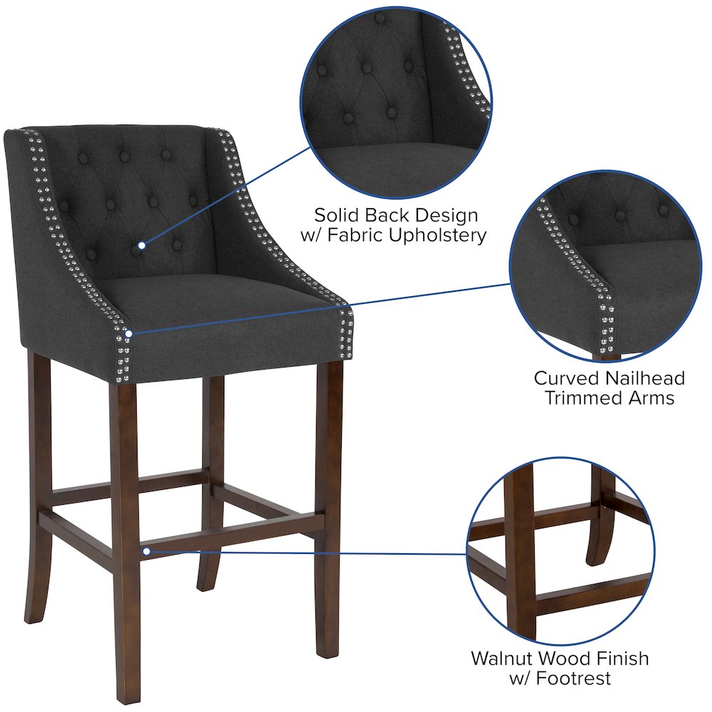 30″ High Tufted Walnut Barstool with Accent Nail Trim in Charcoal Fabric