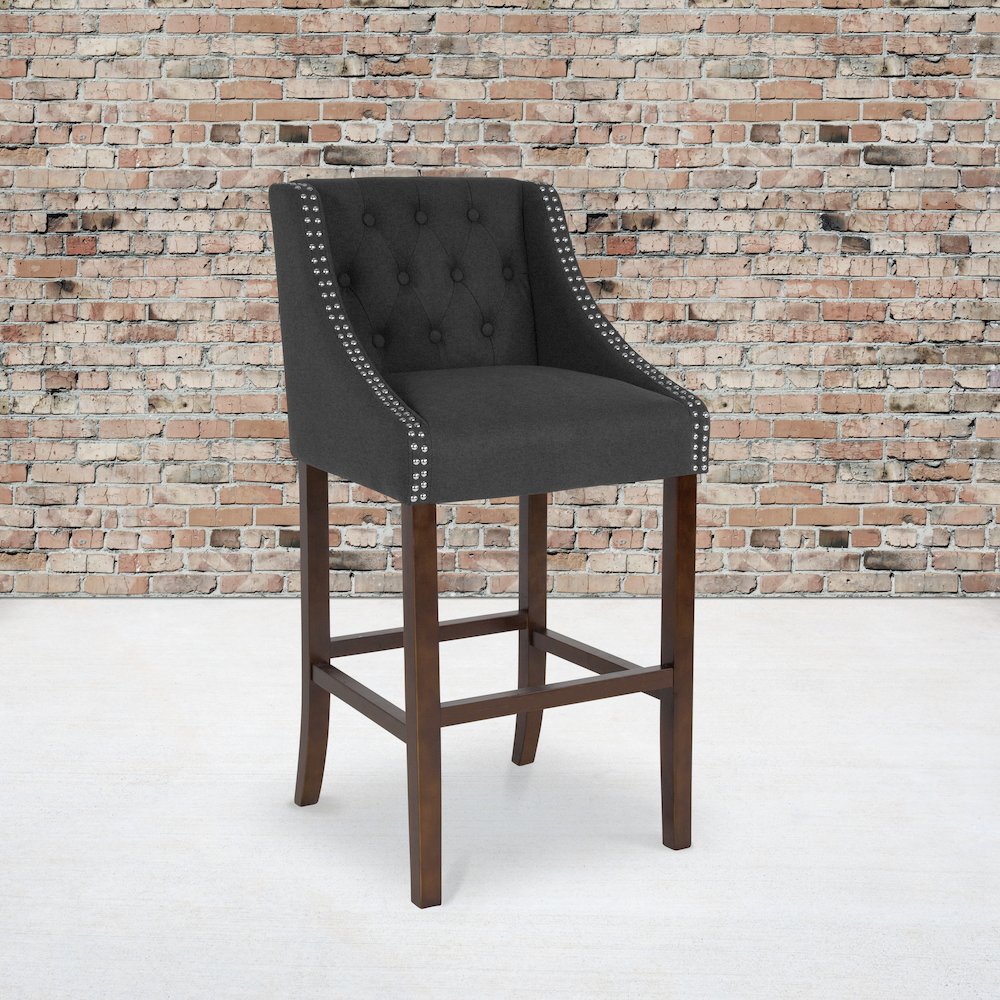 30″ High Tufted Walnut Barstool with Accent Nail Trim in Charcoal Fabric