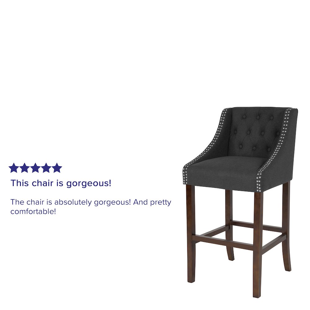 30″ High Tufted Walnut Barstool with Accent Nail Trim in Charcoal Fabric