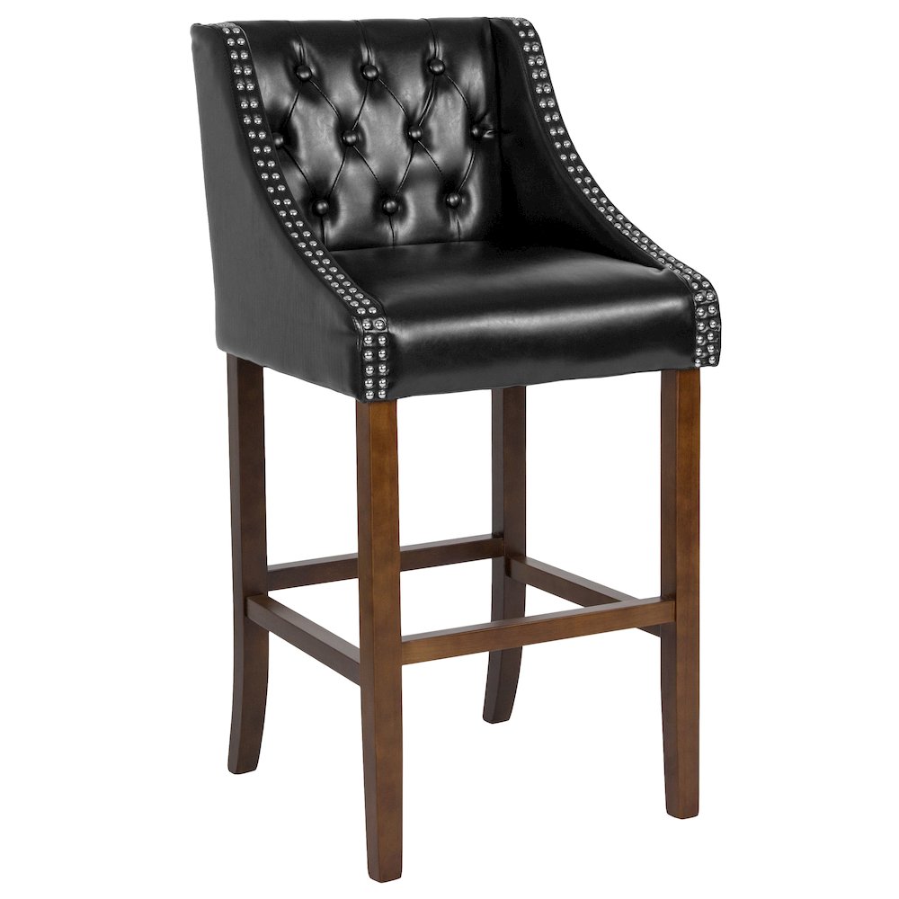 30″ High Tufted Walnut Barstool with Accent Nail Trim in Black LeatherSoft