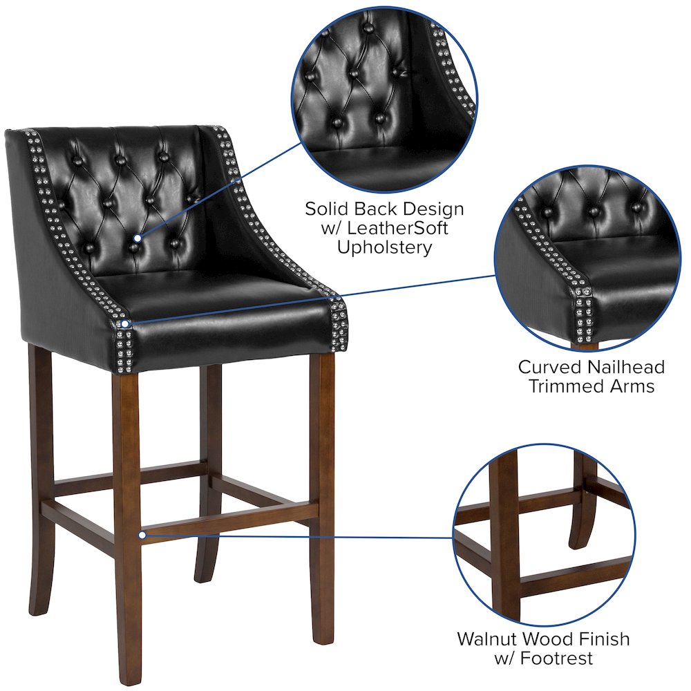 30″ High Tufted Walnut Barstool with Accent Nail Trim in Black LeatherSoft