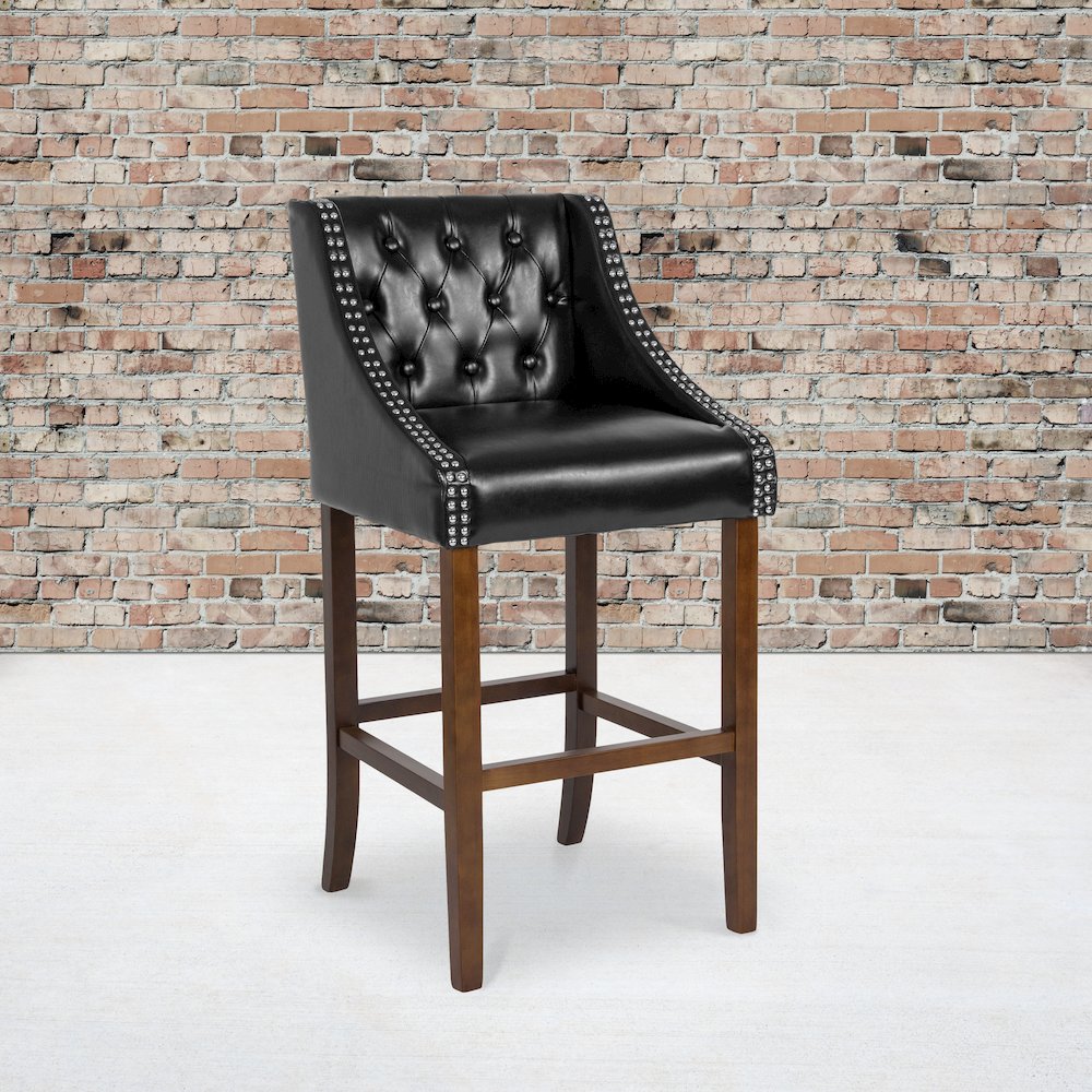 30″ High Tufted Walnut Barstool with Accent Nail Trim in Black LeatherSoft