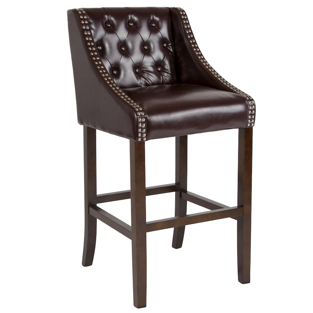 30″ High Tufted Walnut Barstool with Accent Nail Trim in Brown LeatherSoft