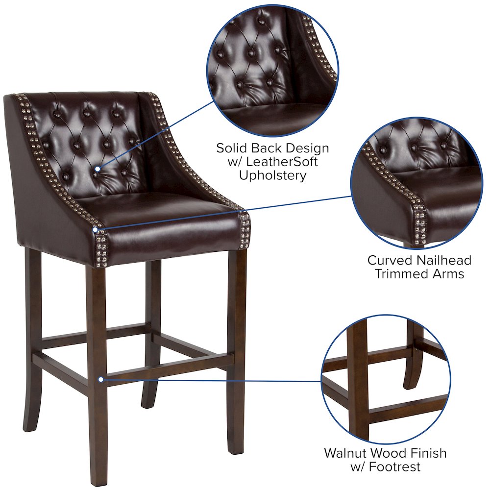 30″ High Tufted Walnut Barstool with Accent Nail Trim in Brown LeatherSoft
