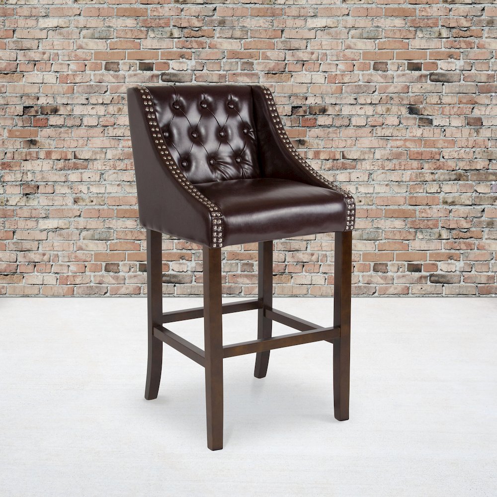 30″ High Tufted Walnut Barstool with Accent Nail Trim in Brown LeatherSoft