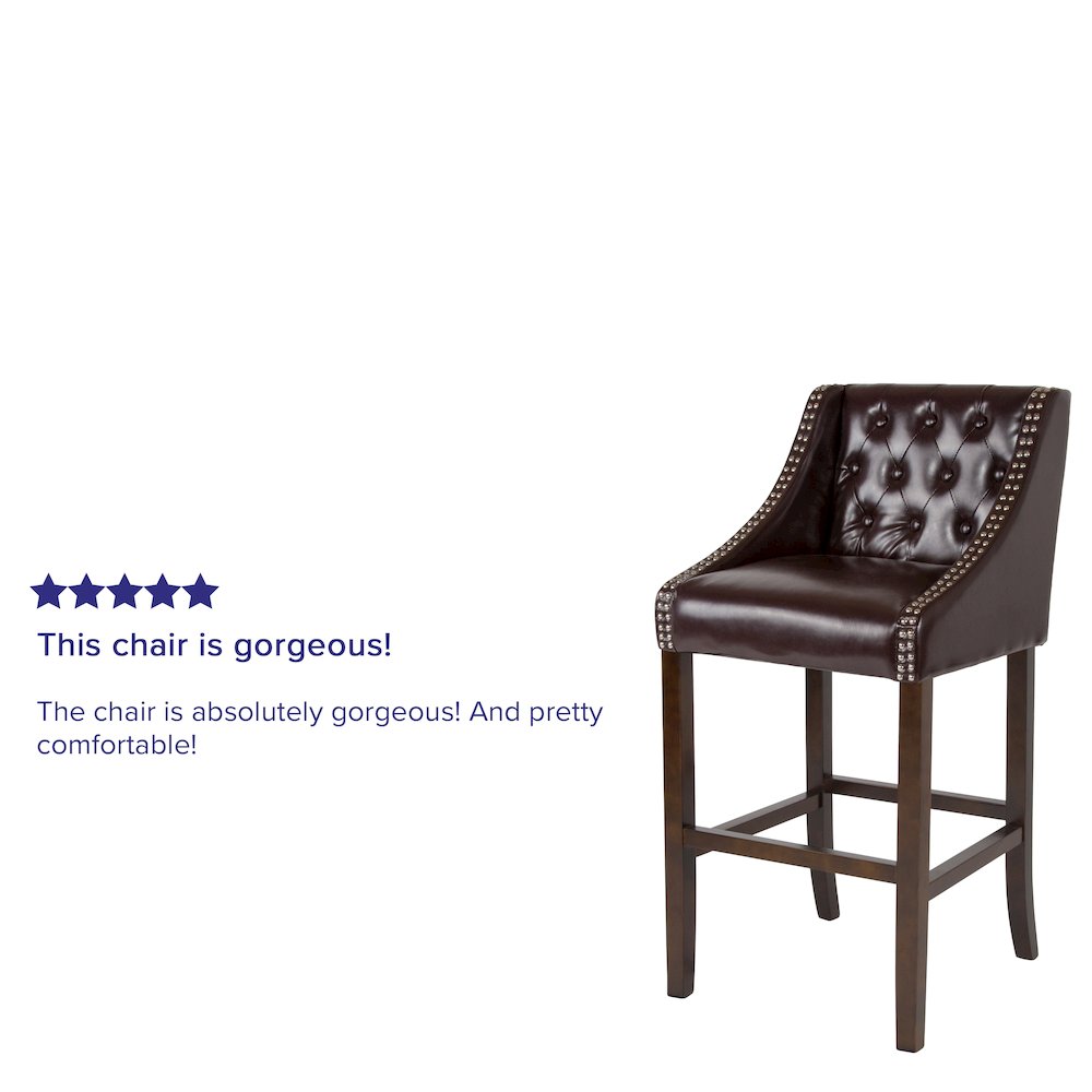 30″ High Tufted Walnut Barstool with Accent Nail Trim in Brown LeatherSoft