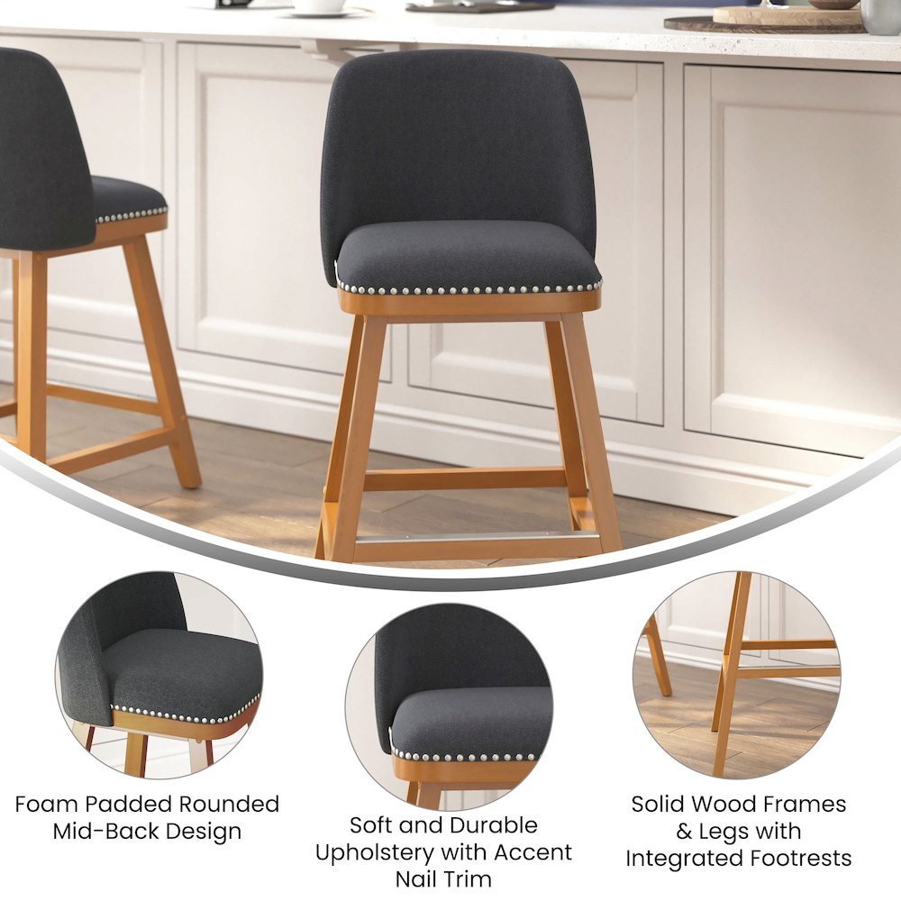 Set of 2 24 Inch Faux Linen Upholstered Counter Stools