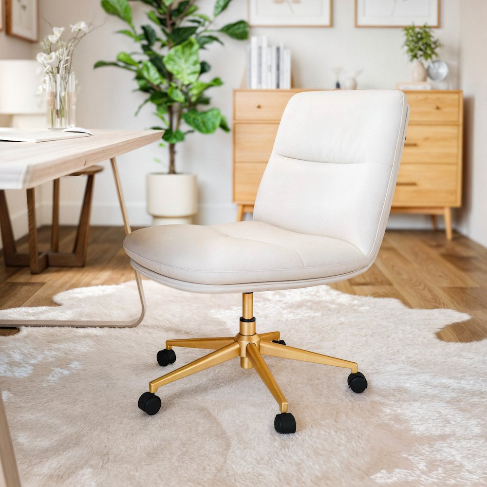 White Padded LeatherSoft Armless Task Office Chair with Wheels