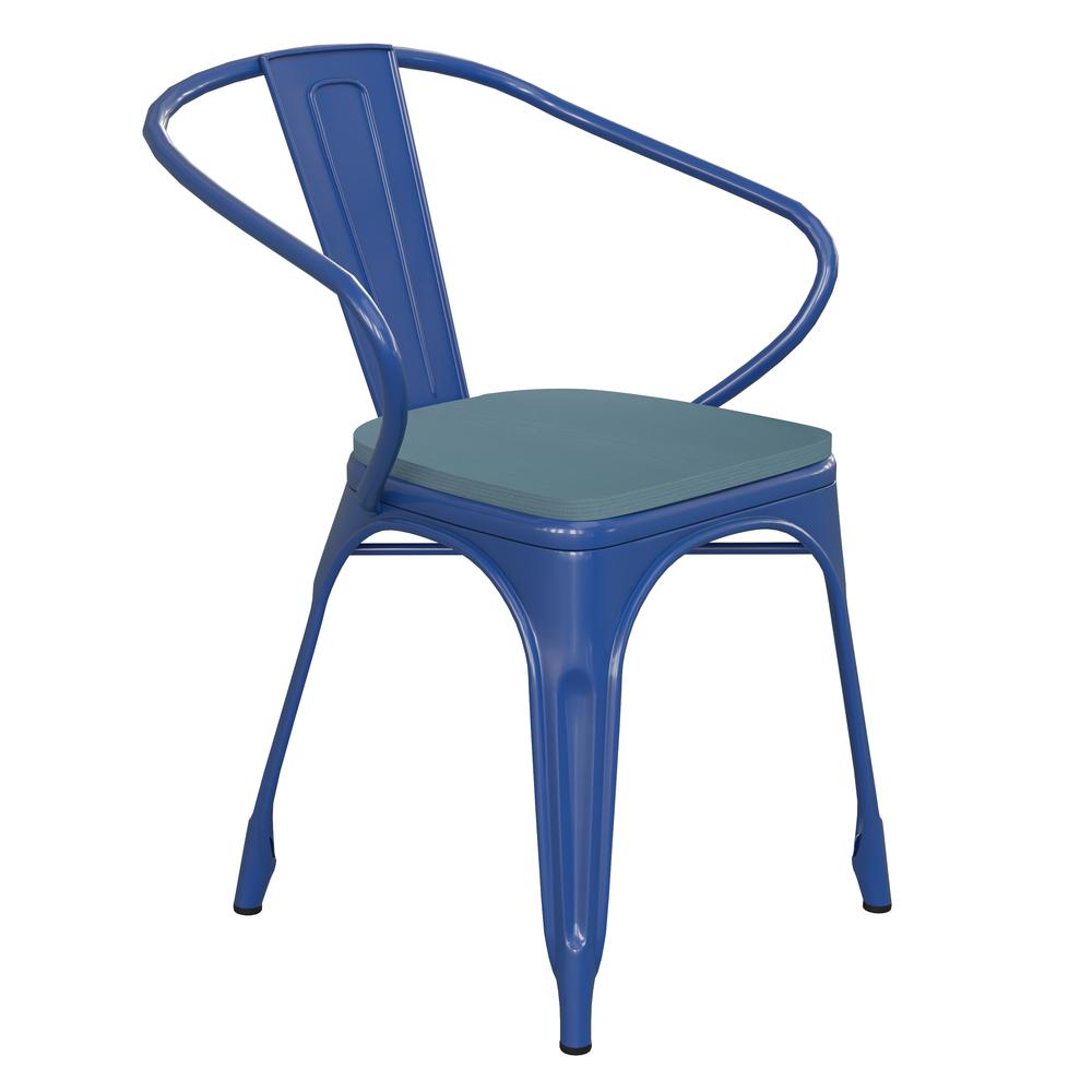 Blue Metal Indoor-Outdoor Chair with Arms with Teal-Blue Poly Resin Wood Seat