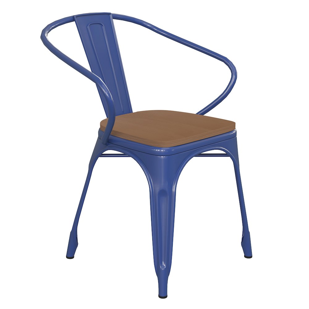 Blue Metal Indoor-Outdoor Chair with Arms with Teak Poly Resin Wood Seat