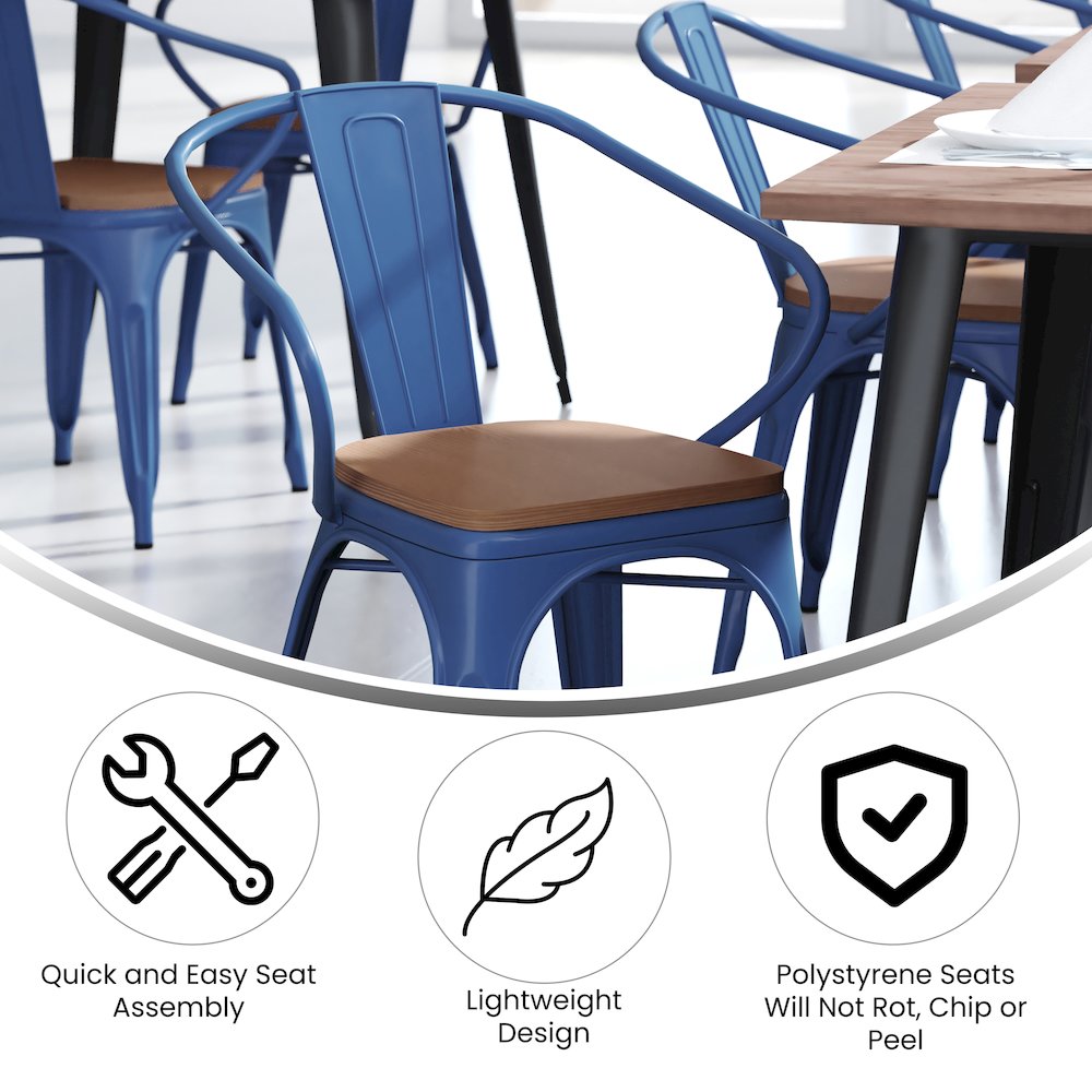 Blue Metal Indoor-Outdoor Chair with Arms with Teak Poly Resin Wood Seat