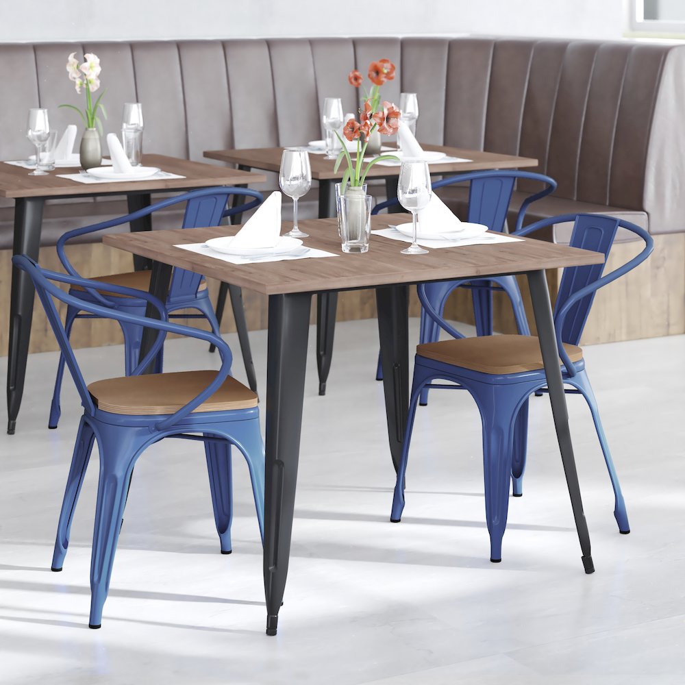 Blue Metal Indoor-Outdoor Chair with Arms with Teak Poly Resin Wood Seat