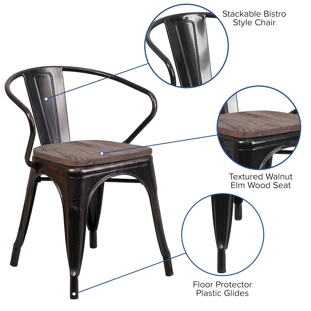 Black-Antique Gold Metal Chair with Wood Seat and Arms